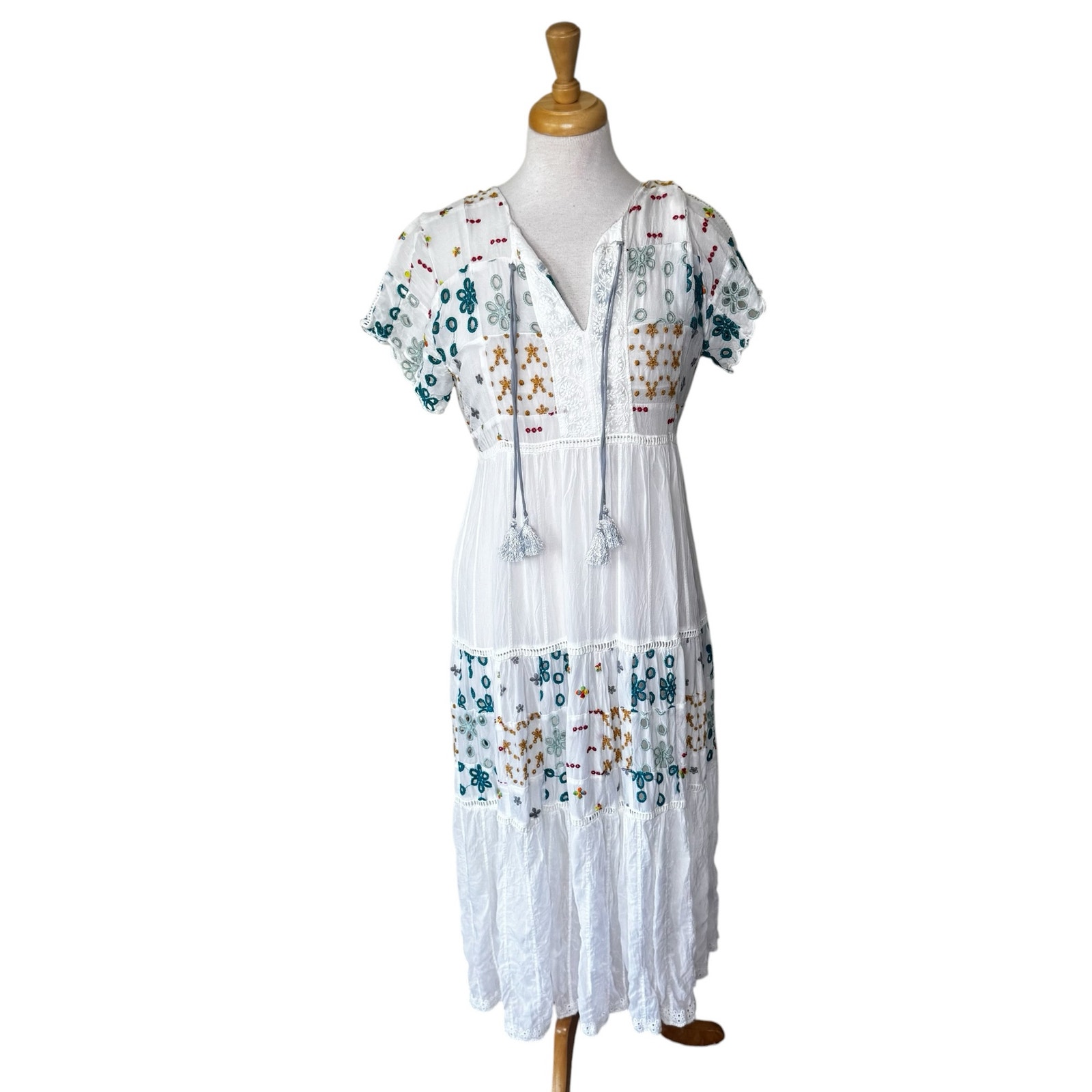 Johnny Was Sarai Embroidered Tassel Midi Dress White Sheer Size Small C32621-3